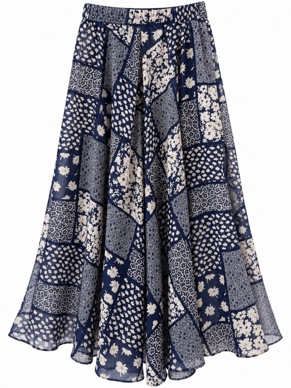 Vintage Mixture by Andee Leeds Navy & Cream Floral Patchwork Skirt — Medium